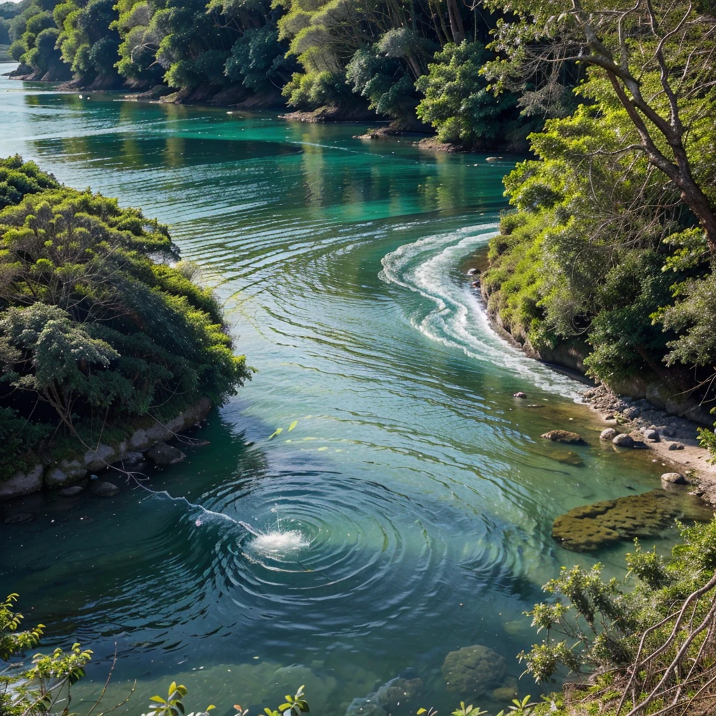 muito alto sobrevoando por cima uma floresta exuberante, No meio da floresta, a short river that cuts through the vegetation, formando um contraste entre o azul e o verde. O rio escorre com agressividade, carrying crystal clear and refreshing waters. O sol ilumina com intensidade a cena, enhancing the brightness and colors of nature. River water reflects sunlight, creating a shimmering effect on the surface. As ondas e as correntes criam formas e movimentos variados, that catch your attention. It is a scene of pure beauty seen from above.