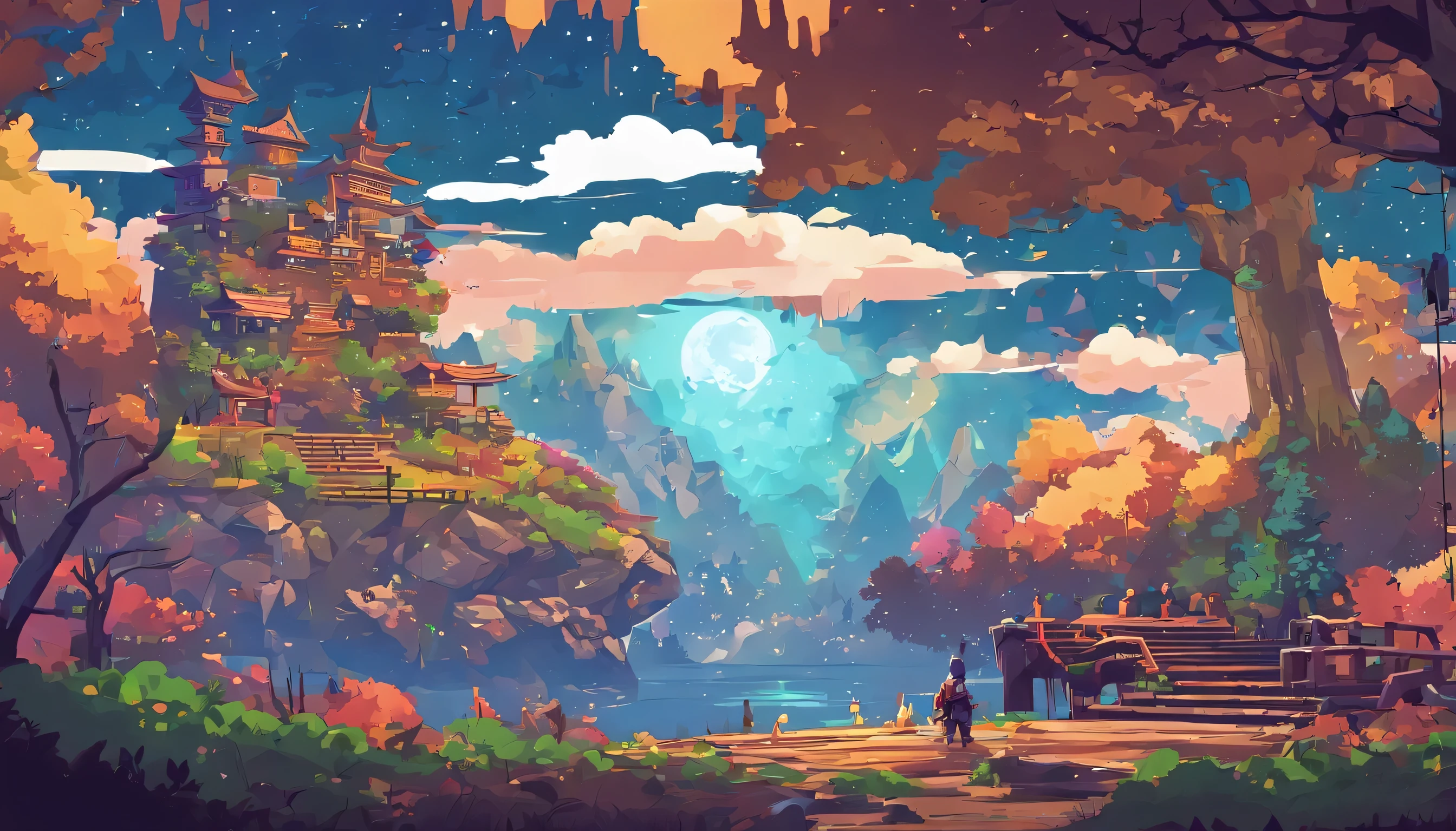 PPixel art of landscape, fullmoon, Night, Starry sky, beautiful detailed pPixel art, detailed pPixel art, Lofidel Retro Video Game, コンセプトPixel art, detailed pPixel artwork, PPixel art style, pixel town, pPixel art animation, high quality pPixel art, super detailed color lowpoly art, #PPixel art:Pixel art, #PPixel art,kosmos