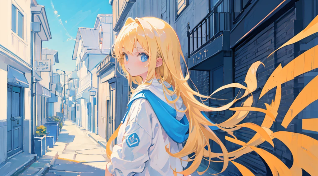(1 girl, blonde hair, blue eyes, white hoodie, kawaii), (seaside town, back alley), (low contrast, flat color, limited palette)