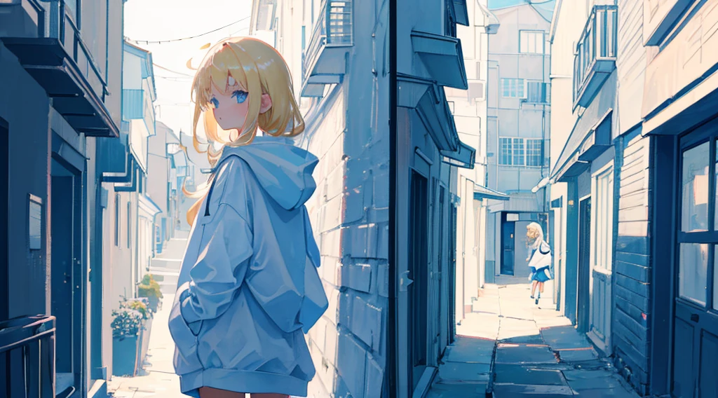 (1 girl, blonde hair, blue eyes, white hoodie, kawaii), (seaside town, back alley), (low contrast, flat color, limited palette)