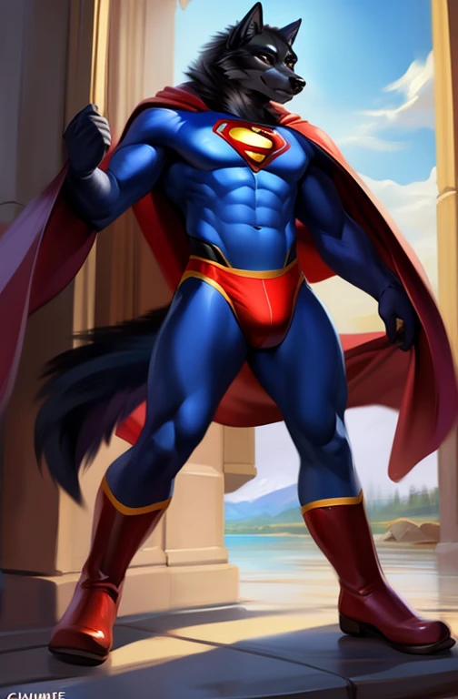4k resolution solo, black wolf, wearing blue bodysuit Superman spandex costume, red speedo, red long cape, red boots, presenting his butt to viewer, by chunie