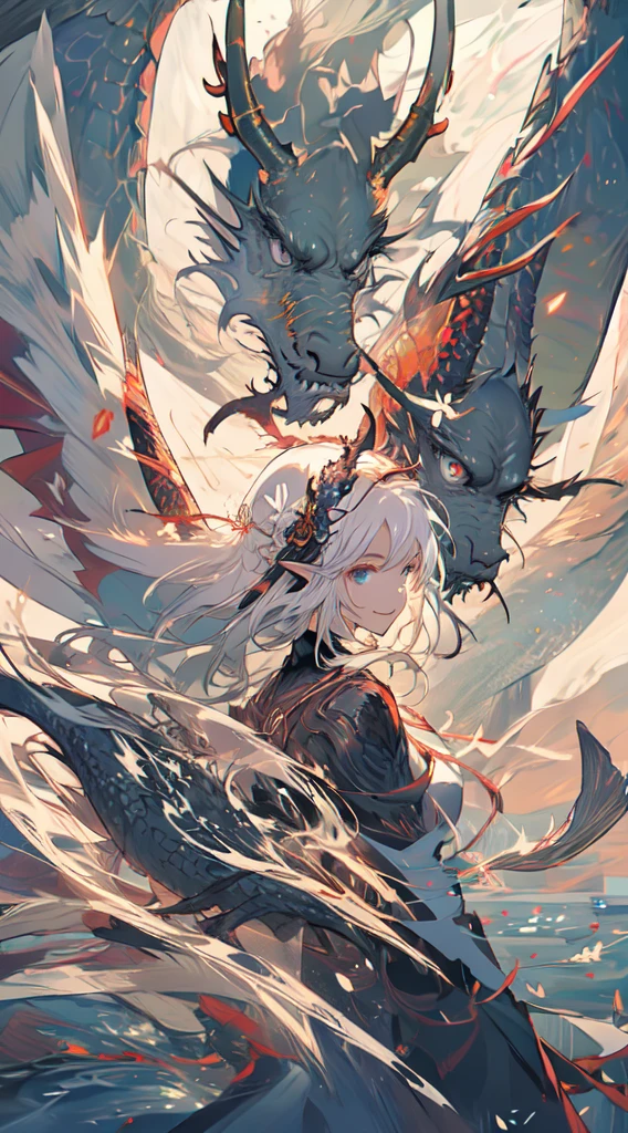 ((8K Ultra HD Quality)) Girl Riding on Dragon Back ((Dragon 1.5))3D Quadratic, Striped Hair, White Hair, Very Long Hair, Kanzashi, Rimless Glasses, Hollow Eyes, Crescent Earrings, Evil Smile, Fangs Out, Concept Art, Chiaroscuro, Depth of Field, Reflected Light, Stereogram, Three-sided View, Cowboy Lens, Negative Space, UHD, Anatomically Right