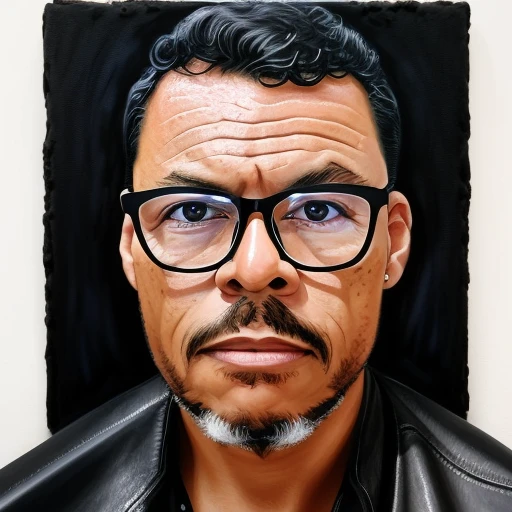 guttonervision8, Create a hyper-realistic portrait of a man wearing glasses, com cabelos meticulosamente detalhados, pele, e olhos castanhos brilhantes. He's dressed in a black leather jacket and a white T-shirt...

In this extraordinary artwork, The man&#39;s features are captured with maximum precision and detail. Your hair is rendered in a hyper-realistic way, com cada vertente meticulosamente retratada, Adding depth and realism to your appearance.

The quality of the illustration is of extreme excellence, allowing even the smallest nuances of the texture of man's skin to be visible. linhas finas, Casais, and the imperfections are meticulously portrayed, giving the artwork a realistic quality.

Man's eyes are a prominent feature, brilhando com um brilho cativante que atrai o espectador para o retrato. The depth and soul of his gaze are emphasized, evoking a sense of connection and intrigue.

O traje do homem, a black leather jacket and a crisp white t-shirt, is rendered with photorealism, aumentando o sentido geral de vida da obra de arte. Leather and fabric textures are expertly portrayed, reinforcing the sense of realism.

The final artwork will be an 8K UHD masterpiece, capturing the essence of hyperrealism and photorealism, showing the artist&#39;s remarkable ability to bring the image of man to life on canvas. Viewers will be mesmerized by the level of detail and authenticity, as if man stood before them in all his captivating glory.