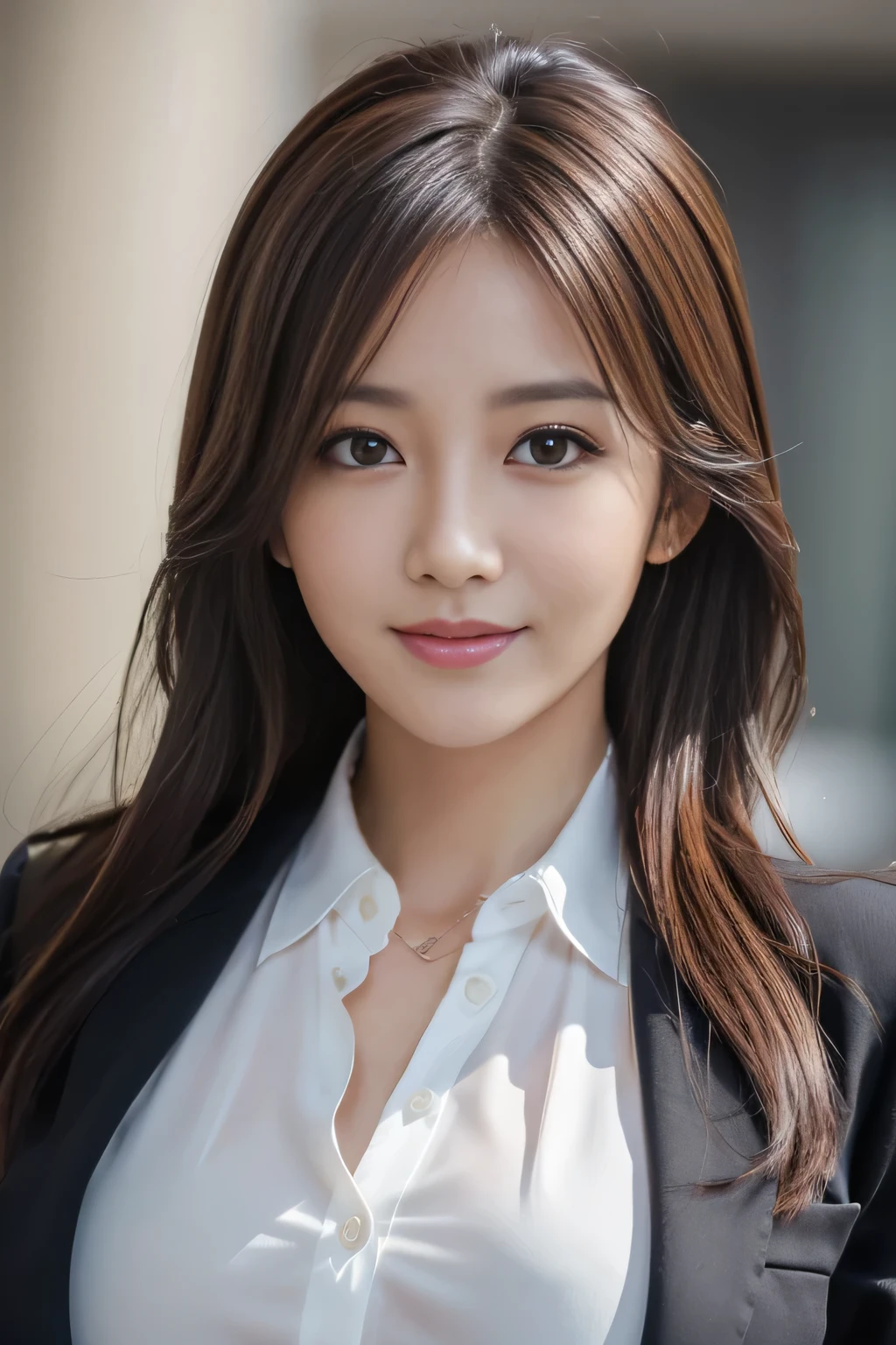 masutepiece, Best Quality, Photorealistic, Ultra-detailed, finely detail, High resolution, 8K Wallpaper, 1 beautiful woman,, light brown messy hair, in a business suit, foco nítido, Perfect dynamic composition, Beautiful detailed eyes, detailed hairs, Detailed realistic skin texture, Smiling, Close-up portrait, Model body type