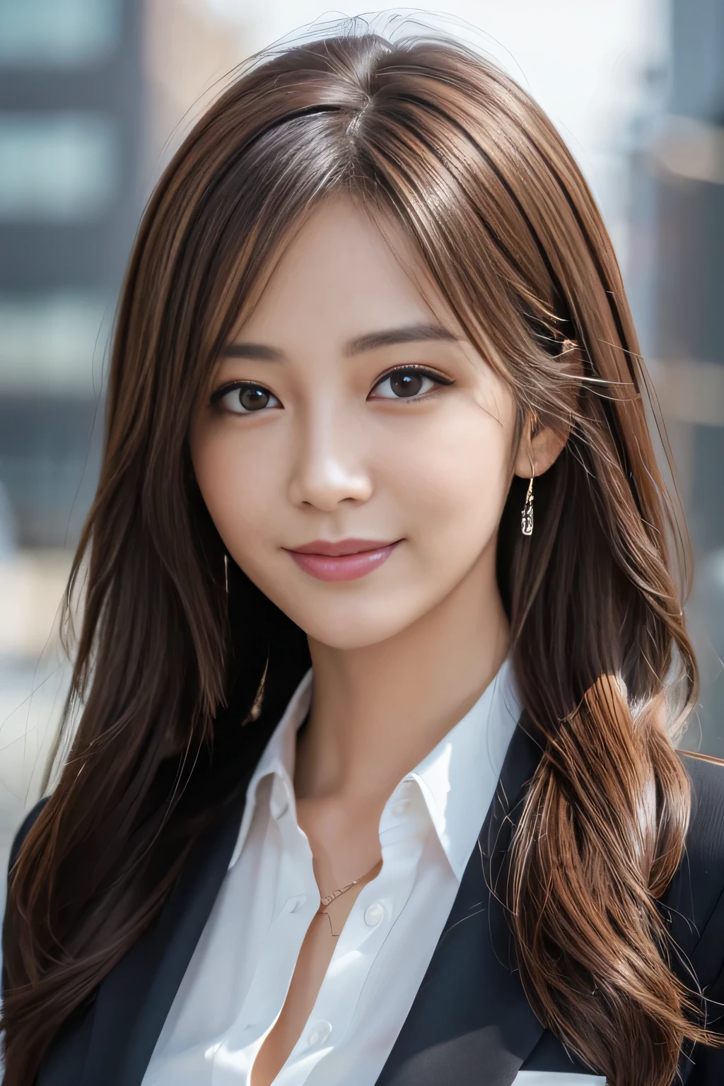 masutepiece, Best Quality, Photorealistic, Ultra-detailed, finely detail, High resolution, 8K Wallpaper, 1 beautiful woman,, light brown messy hair, in a business suit, foco nítido, Perfect dynamic composition, Beautiful detailed eyes, detailed hairs, Detailed realistic skin texture, Smiling, Close-up portrait, Model body type