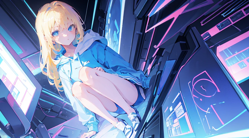 (1 girl, blonde hair, blue eyes, white hoodie, bare legs, kawaii), (blue cyberpunk, shop with many monitors, blue neon), (low contrast, flat color, limited palette)