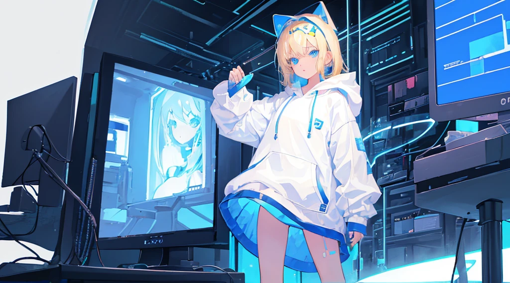 (1 girl, blonde hair, blue eyes, white hoodie, bare legs, kawaii), (blue cyberpunk, shop with many monitors, blue neon), (low contrast, flat color, limited palette)