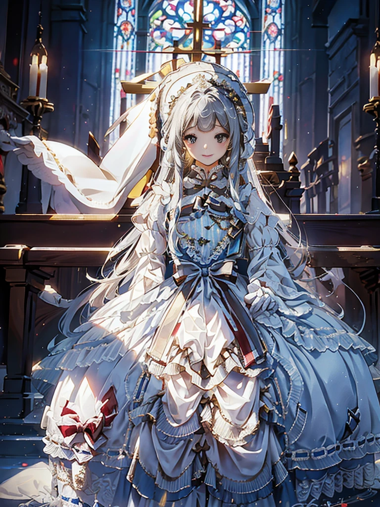 In front of the altar of a majestic church、(blurry backround)、brightened light、golden long hair girl、Classic White Wedding Dresses、(elegant luster)、(Lots of races)、lots of ribbons、((voluminous puff sleeves))、long cuffs with many buttons、golden embroidery、Long Train、white embroidered gloves、5 fingers、A smile、Redness of the cheeks