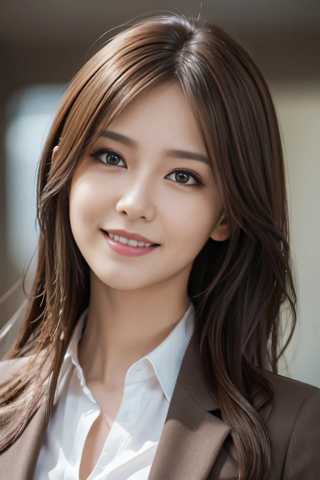 masutepiece, Best Quality, Photorealistic, Ultra-detailed, finely detail, High resolution, 8K Wallpaper, 1 beautiful woman,, light brown messy hair, in a business suit, foco nítido, Perfect dynamic composition, Beautiful detailed eyes, detailed hairs, Detailed realistic skin texture, Smiling, Close-up portrait, Model body type