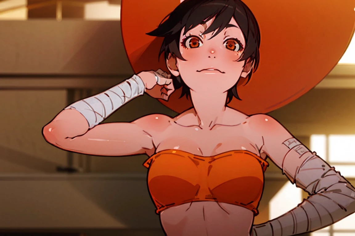 1girl in，Black hair，Orange tube top，Bandage on one arm，Face Up