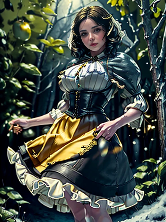 extremely beautiful snow white, subtle makeup, golden hour, photorealistic, high contrast, 8k HD, detailed, hyper-detailed, (short curly bob dark hair), realistic skin texture, big breast, best quality, ultra high res, photo raw, dramatic lighting, unreal engine, diffuse glow, (blue puffy sleeves top:1.1), yellow skirt:1.1), (grabbing a toxic green poison apple), realistic detailed castle, violent maiden, psychedelic romance, magic and witches, short stories dark, fearless Snow White