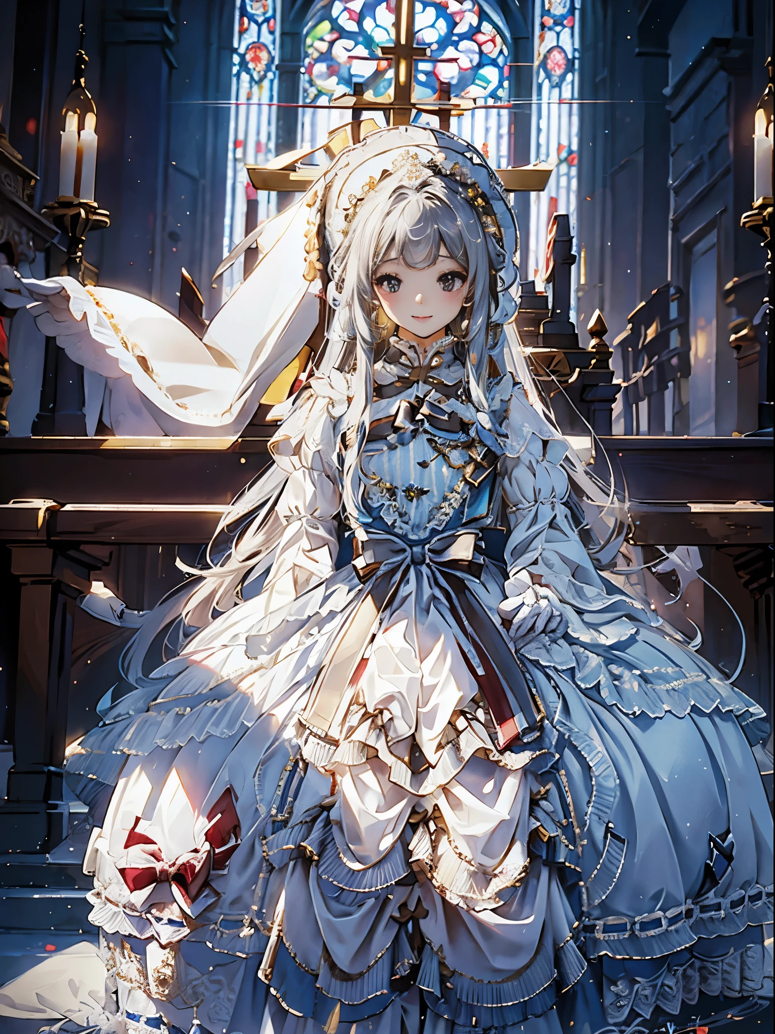 In front of the altar of a majestic church、（blurry backround）、brightened light、golden long hair girl、Classic White Wedding Dresses、（elegant luster）、（Lots of races）、lots of ribbons、（（voluminous puff sleeves））、long cuffs with many buttons、golden embroidery、Long Train、white embroidered gloves、5 fingers、A smile、Redness of the cheeks