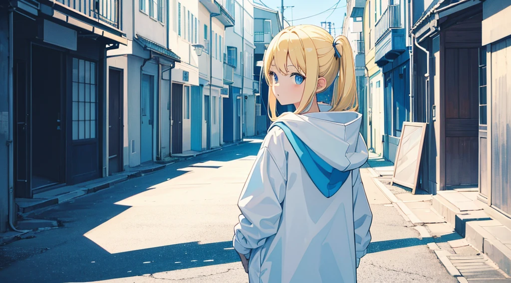 (1 girl, blonde hair, blue eyes, white hoodie, bare legs, kawaii), (seaside town, back alley), (low contrast, flat color, limited palette)