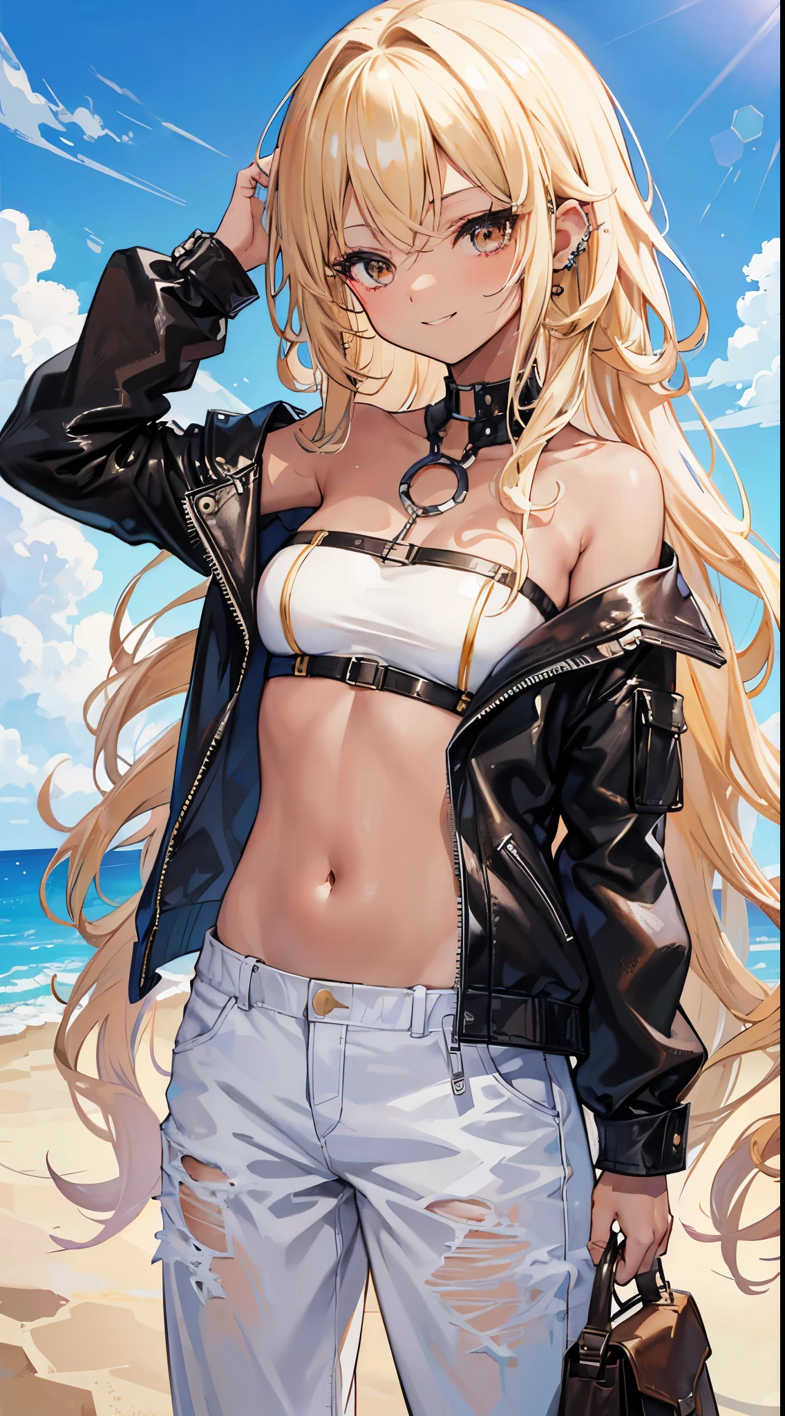 (8K、Top image quality、top-quality、​masterpiece)、A detailed face、1 girl in、a blond、long hair、wavy hair、parted bangs、Golden eyes、piercings、((Brown skin))、((skin tanned))、nefarious smirk、Smaller chest、((White tube top))、((Strapless))、a navel、denim、long trousers、black leather jacket、blue open sky、desert background