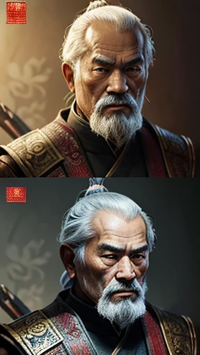 oriental、Old man wearing ancient Chinese armor、old man with ancient chinese hairstyle、three kingdom、multiple warlords、top-quality、​masterpiece、超A high resolution、(Photorealsitic:1.4)、Game Posters、