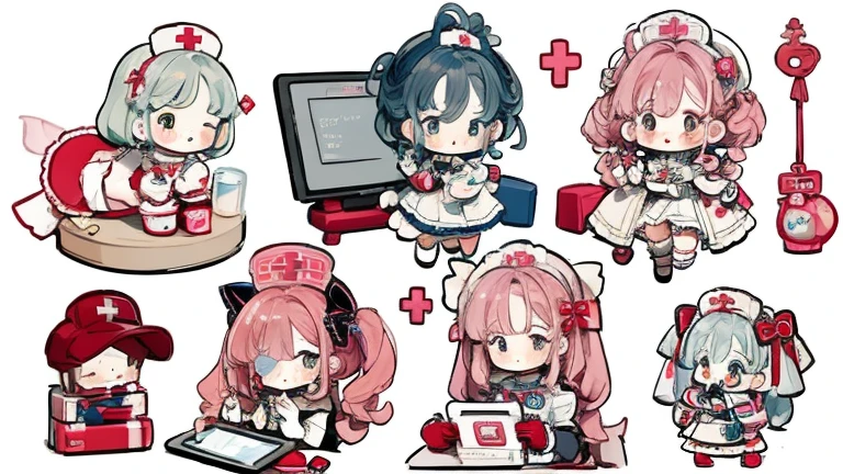 Character design，Q version，chibi，Cute，Head to body ratio，outfit design，Lolita prostitute，Gorgeous dress，Mittens，Curly，Very intricate，Exquisite，shear node，frilld，band，Bandages，Nurse style，Huge syringe，tablet，Red Cross，Y2K，egirl，Unilateral eye patch，love decoration，subculture，sicko，bloods