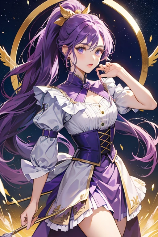 Sagittarius Cure Selene, her hair is tied in a ponytail with an indigo ombre. The bodice is now white with a purple diamond in front with the layer around the waist matching it in color. The top part of the skirt is pale purple with magenta stars hanging on each end. Underneath is a yellow translucent layer that gets longer toward the back and the purple skirt is nearly floor-length. She holds a gold and purple bow with an arrow with a gold star-shaped tip and yellow feathers at the end
