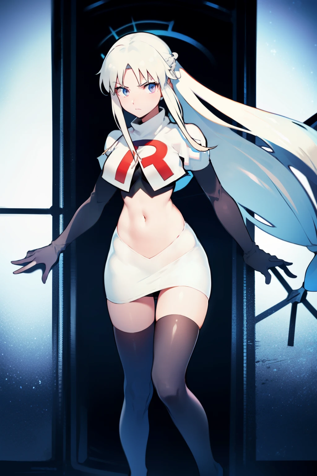 1 girl with long white hair, team rocket,team rocket uniform,white skirt,red letter R,crop top,black thigh-highs,black elbow gloves,