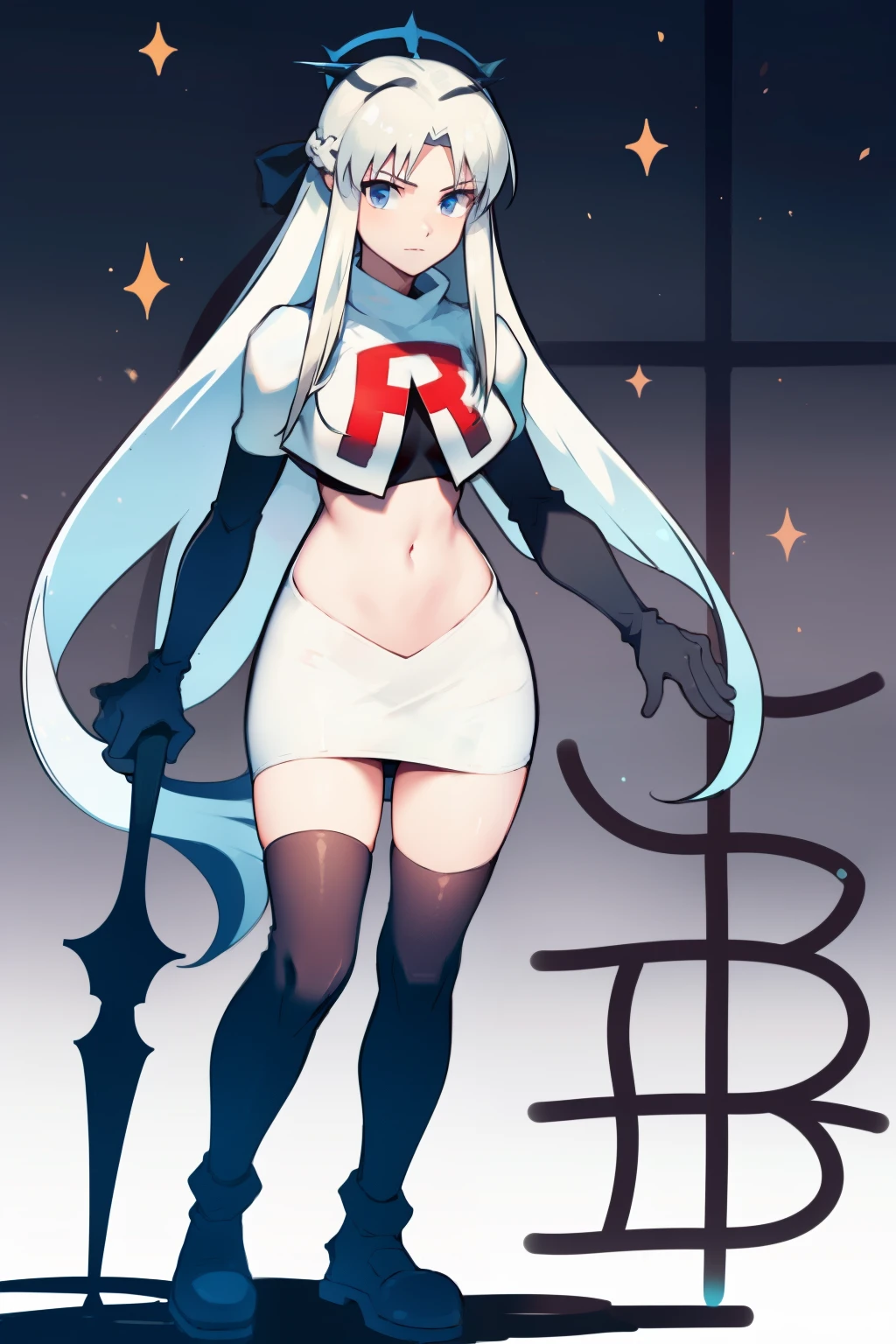 1 girl with long white hair, team rocket,team rocket uniform,white skirt,red letter R,crop top,black thigh-highs,black elbow gloves,