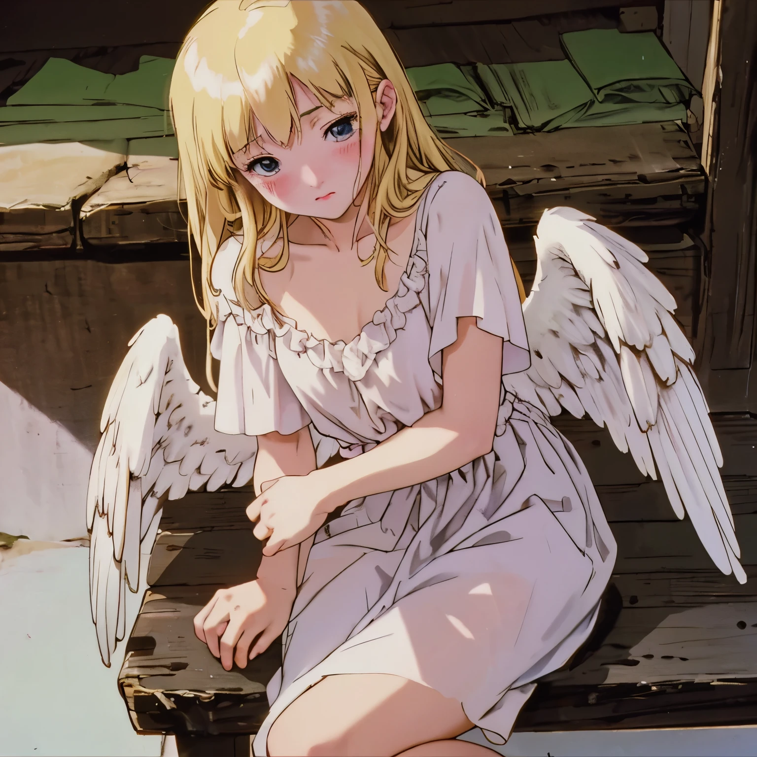The image is anime style cowboy bebop and Darker than black with shadows and dim lights, anime style although somewhat adult and dark, It shows a young angel woman of 2, delicate and beautiful, naked., in the middle of nowhere, She has very long dull blonde hair, and blue eyes, has beautiful white wings, It is on a dirty corrugated iron roof, It's night, In the background of the image you can only see the starry and foggy night. The image focuses on the angel girl from the side. In the background of the image you can see a huge bridge passing by heading towards the sky.