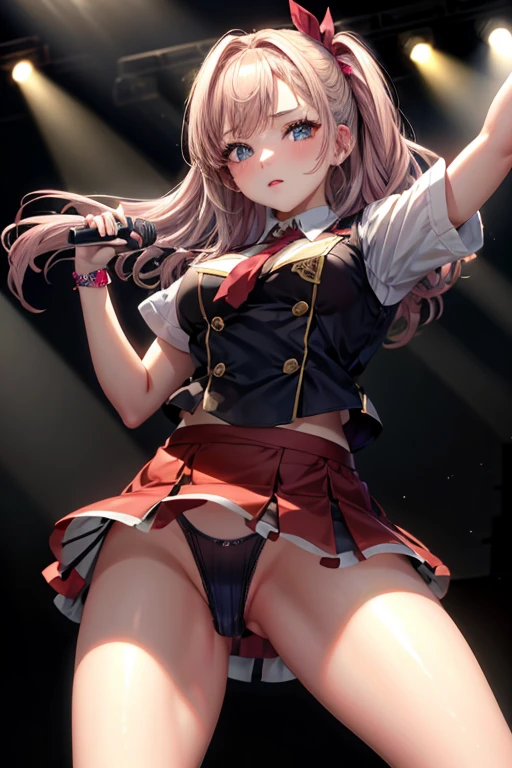 Beautiful full-length photo of an idol singer with 5 dancers, Masterpiece Quality, Shining Girls, Miniskirt Uniform, Bright stage lighting, Rock Stage, detail pink underwear, ultra wide-angle, from below, bimbo, underwear, dildo under panties, dildo under clothes