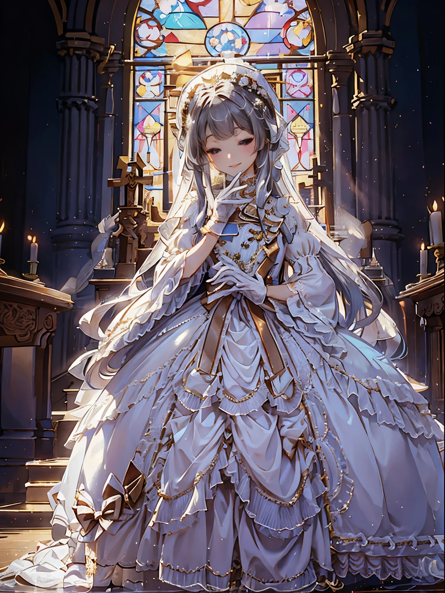 In front of the altar of a majestic church、（blurry backround）、brightened light、golden long hair girl、Classic White Wedding Dresses、（elegant luster）、（Lots of races）、lots of ribbons、（（voluminous puff sleeves））、long cuffs with many buttons、golden embroidery、Long Train、white embroidered gloves、5 fingers、A smile、Redness of the cheeks