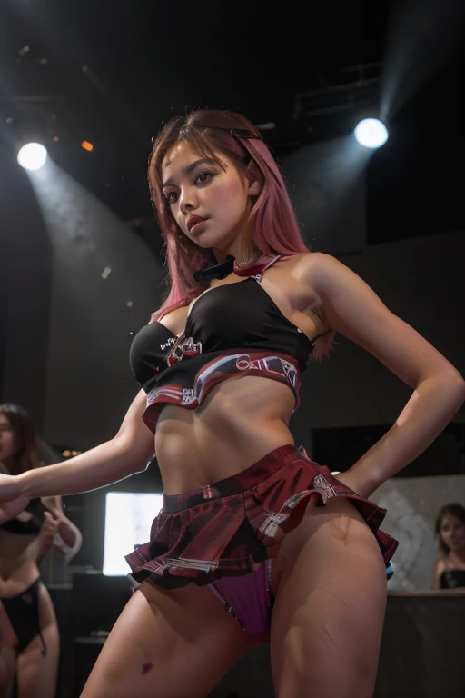 Beautiful full-length photo of an idol singer with 5 dancers, Masterpiece Quality, Shining Girls, Miniskirt Uniform, Bright stage lighting, Rock Stage, detail pink underwear, ultra wide-angle, from below, bimbo, underwear, dildo under panties, dildo under clothes