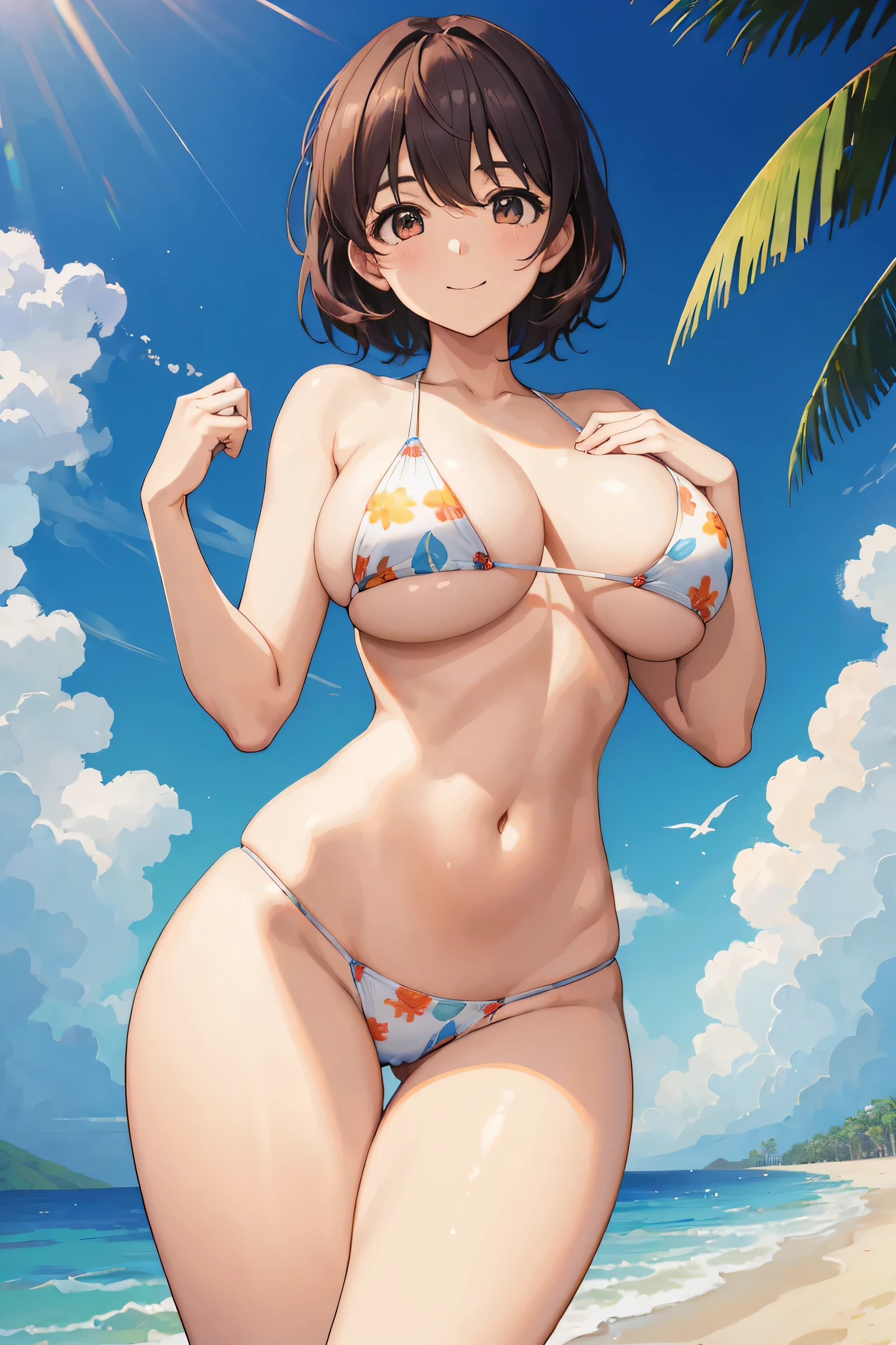 beautiful young woman with,perfect body and beautiful big eyes, perfectly slim and thick body, short and wavy hair, shairband, micro bikini with delicate print, Playing on the beach, tropical island, Happy, gently smiling, Open, face perfect, Muted Tones, Atmospheric, Clean lines, Convoluted, ultra-detailliert, Realistis, 8K
