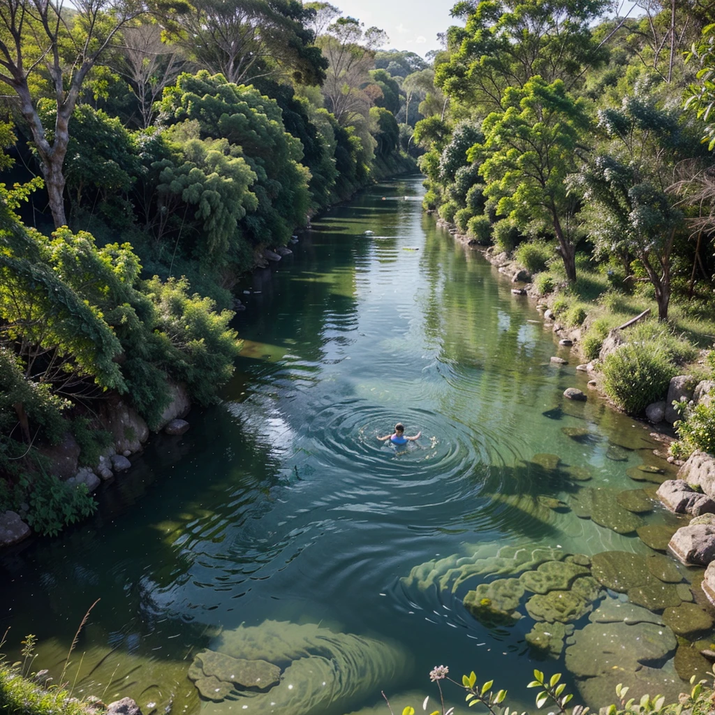 muito alto sobrevoando por cima uma floresta exuberante, No meio da floresta, a short river that cuts through the vegetation, formando um contraste entre o azul e o verde. O rio escorre com agressividade, carrying crystal clear and refreshing waters. O sol ilumina com intensidade a cena, enhancing the brightness and colors of nature. River water reflects sunlight, creating a shimmering effect on the surface. As ondas e as correntes criam formas e movimentos variados, and busy that catch your attention. It is a scene of pure beauty seen from above.