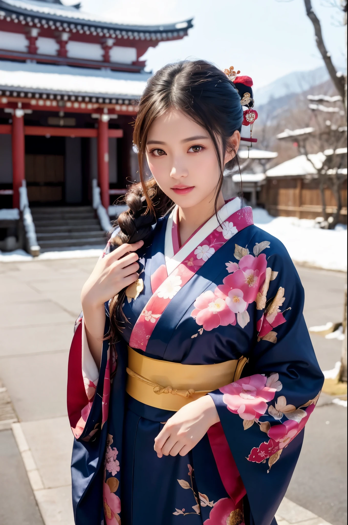 Japanese shinto shrines in snowy landscapes, Early morning of New Year's Day, ((A beautiful Japanese girl in a long-sleeved kimono for New Year's celebration, floral print, fur-piece)), solo, (Photorealistic:1.4), masterpiece, Best Quality, 8K, ultra high-resolution, cowboy shot, Like a Japanese Idol, Extremely cute, elegant, Slightly bewitching, parted lips, glossy skin, cinematic composition, professional warm lighting and shading, extremely detailed eyes and face, eyes with beautiful details, insanely detailed beautiful realistic skin texture, (correct body balance, accurate hands, accurate eyes)