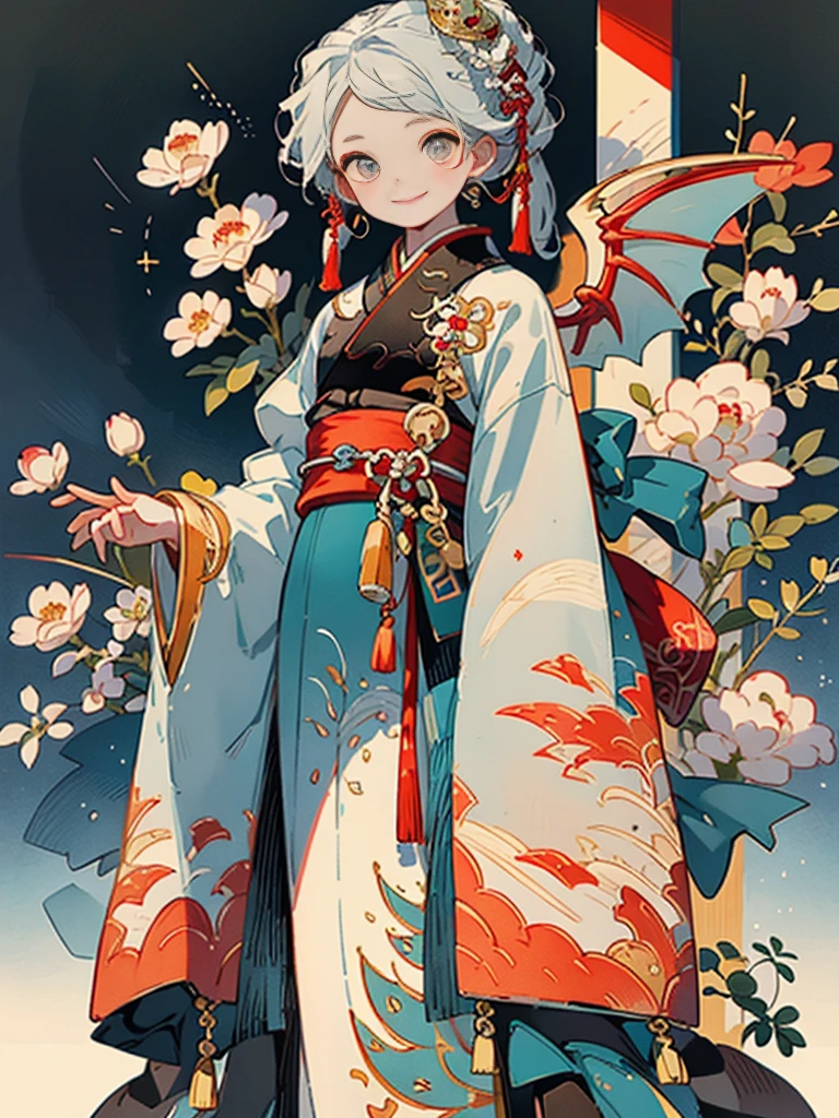 animations、​masterpiece, supreme, Beautiful girl with dragon wings、A smile、chinese clothes、tutelary、White dragon on background、Fantasia、Highly detailed, Smooth and sharp focus,