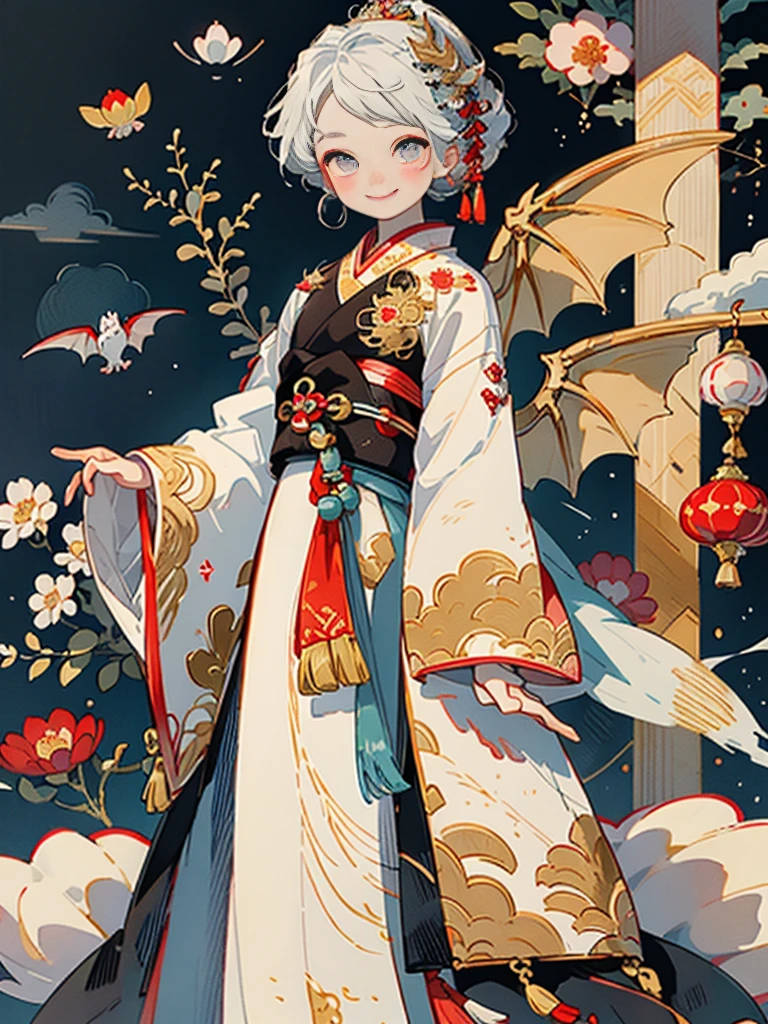 animations、​masterpiece, supreme, Beautiful girl with dragon wings、A smile、chinese clothes、tutelary、White dragon on background、Fantasia、Highly detailed, Smooth and sharp focus,