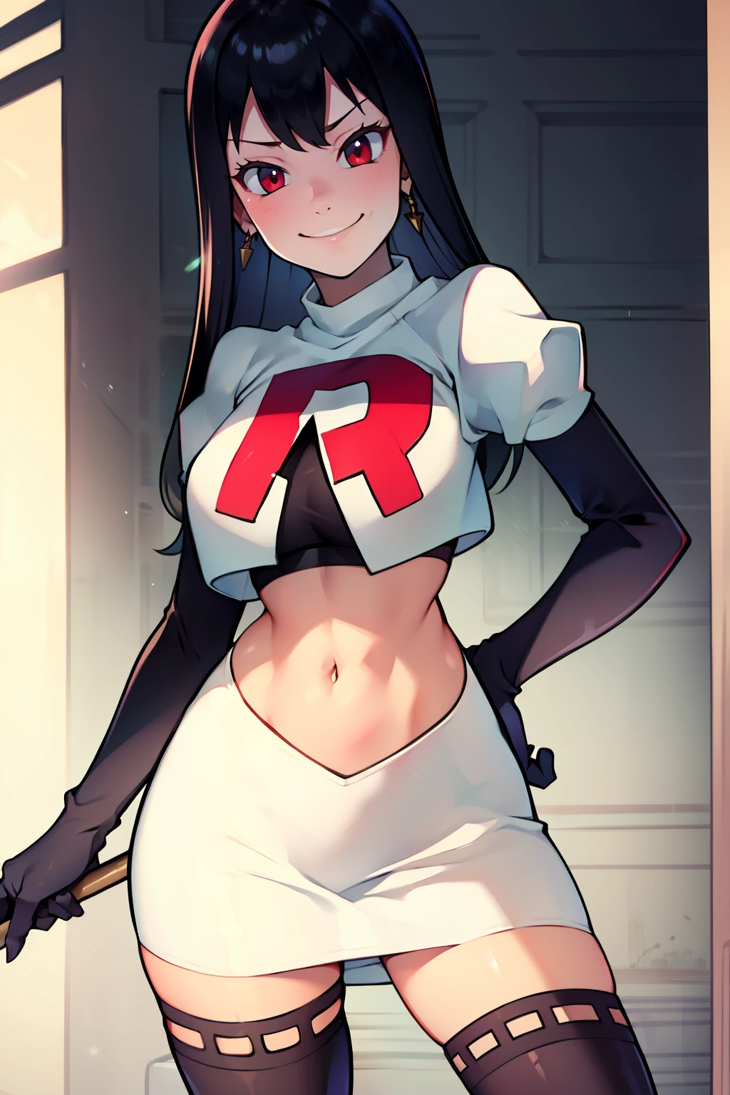yor briar ,rocket,team rocket uniform, red letter R, white skirt,white crop top,black thigh-high boots,black elbow gloves, evil smile, look at viewer,