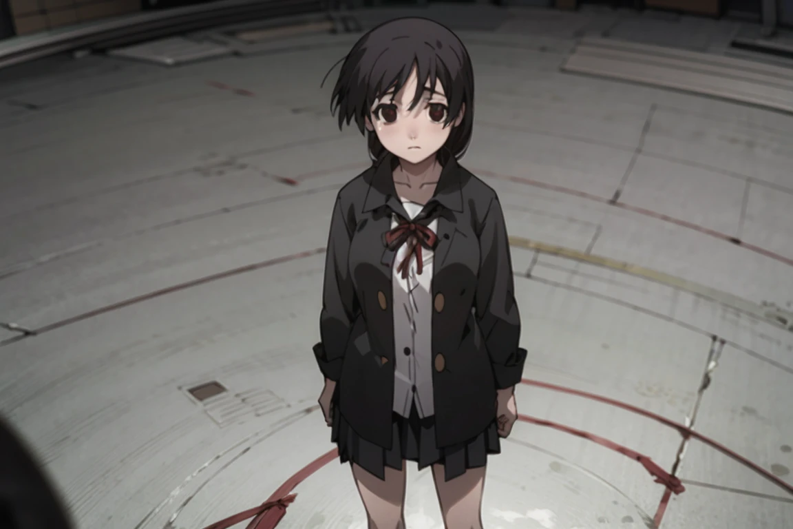 1girl in，Black hair，Black eyes，Red ribbon，Standing in the center