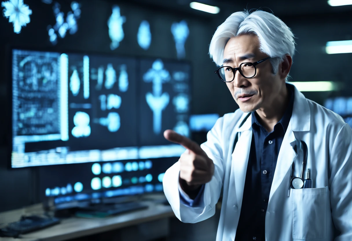 A Japanese biology doctor with distinctive white hair and glasses.,wearing lab coat、Pointing at the camera and talking、Convoluted, epic lighting, Cinematic composition, Hyper realistic, 8 K resolution,