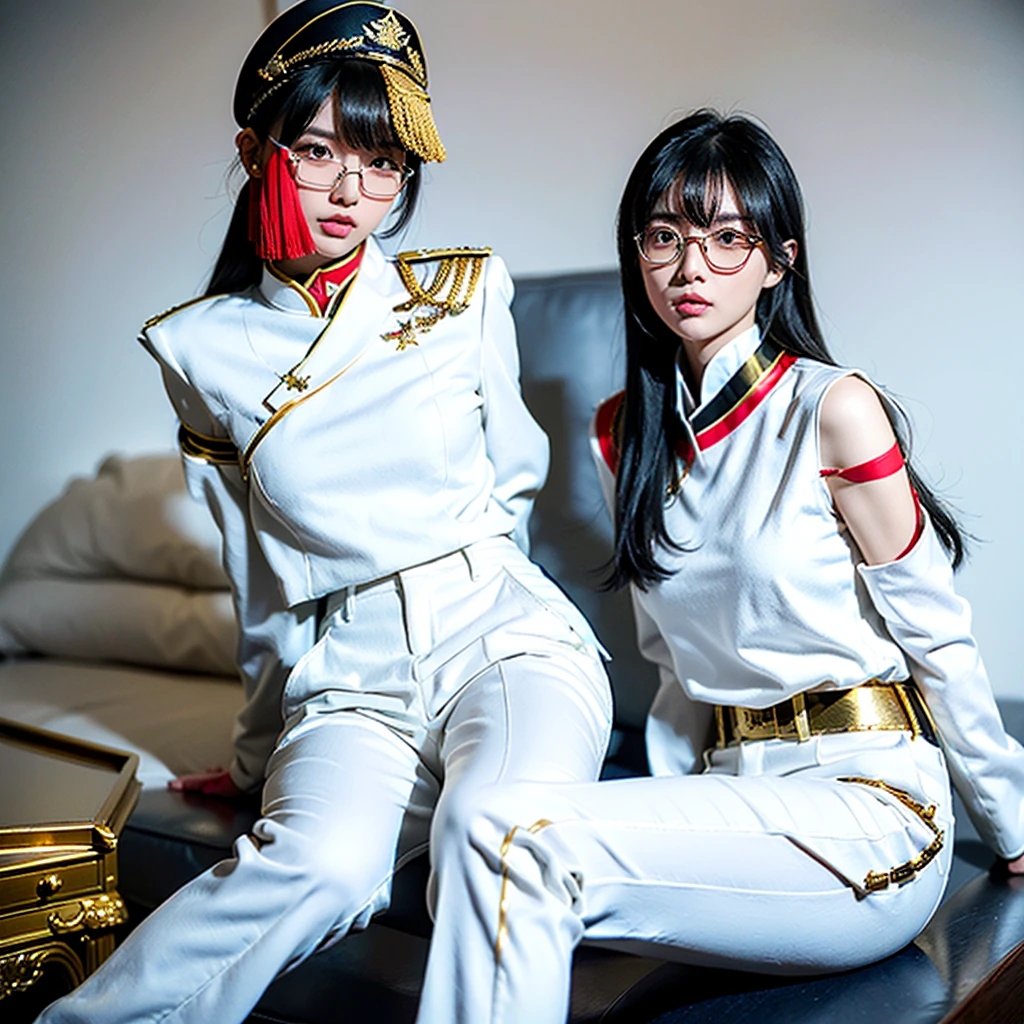 (quality、超A high resolution、masterpiece:1.3), A photo of an extremely cute and beautiful Chinese female soldier, (cabelos preto e longos:1.2), , (Beautiful girl in detail:1.4), On the table, With bangs, Delicately moisturizes eyes, ctextured skin, Best quality at best, illustratio, ultra - detailed, finely detailled, A high resolution, 8K, the wallpaper, Perfect dynamic composition, 美丽细致的眼睛, natural lips,Great Opera, Chopping, casual sexy pose,(Detailed black rimless glasses:1.3)(Detail of white military cap,engraved red star:1.3) (Detailed white tight uniform,Has gold shoulder and collar badges:1.3), ,(Detail of tight white trousers,With pockets:1.3),(Detailed black high heels:1.3) harbor at dusk,people working in the port。