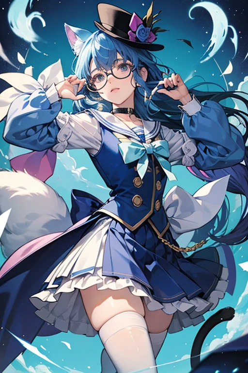 , Yuni becomes human, losing most of her Rainbownian features except for her cat ears and tail, with her human ears pointed. Her blue hair is lighter in color and also thinner and braided, held with gold triangular pieces. She wears a blue top hat that conceals her ears with a gold triangle near the brim. She wears blue and pink sunglasses to hide her face similar to how a phantom thief wears a mask. Producer Yanagawa Akari said that as there are children who wear glasses, she hoped that they would play along with the idea that you could use your glasses to transform into a phantom thief like Blue Cat does. The same idea applied to the hair, which does not like thief-like, but is simple enough that children could imitate it to become like her.[1] Her top is white with a flaring collar with a navy blue vest-like top over it with tails in the back and her skirt is blue and pleated. She also wears long white stockings with short navy blue boots along with white opera-length gloves with shorter blue gloves over them. Her choker is also navy blue with a gold triangle hanging from it. On Earth, Yuni uses this form but ditches the glasses and hat to reveal she wears gold triangle clips in her hair.