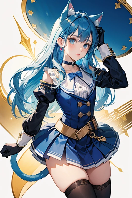 , Yuni becomes human, losing most of her Rainbownian features except for her cat ears and tail, with her human ears pointed. Her blue hair is lighter in color and also thinner and braided, held with gold triangular pieces. She wears a blue top hat that conceals her ears with a gold triangle near the brim. She wears blue and pink sunglasses to hide her face similar to how a phantom thief wears a mask. Producer Yanagawa Akari said that as there are children who wear glasses, she hoped that they would play along with the idea that you could use your glasses to transform into a phantom thief like Blue Cat does. The same idea applied to the hair, which does not like thief-like, but is simple enough that children could imitate it to become like her.[1] Her top is white with a flaring collar with a navy blue vest-like top over it with tails in the back and her skirt is blue and pleated. She also wears long white stockings with short navy blue boots along with white opera-length gloves with shorter blue gloves over them. Her choker is also navy blue with a gold triangle hanging from it. On Earth, Yuni uses this form but ditches the glasses and hat to reveal she wears gold triangle clips in her hair.