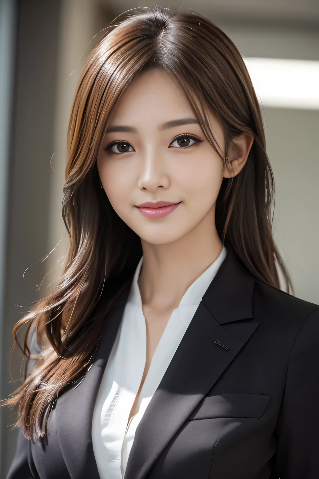 masutepiece, Best Quality, Photorealistic, Ultra-detailed, finely detail, High resolution, 8K Wallpaper, 1 beautiful woman,, light brown messy hair, in a business suit, foco nítido, Perfect dynamic composition, Beautiful detailed eyes, detailed hairs, Detailed realistic skin texture, Smiling, Close-up portrait, Model body type