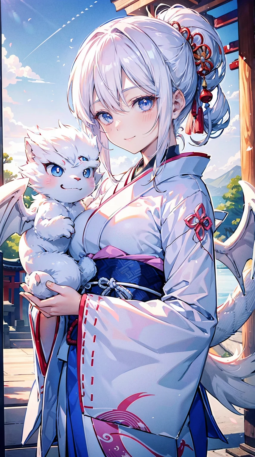A 23-year-old white-haired angel woman and a Japanese white dragon are together.、The woman's appearance is pretty and cute、Blue eyes、Angel wings on the back、wearing a pink kimono、Height 155cm、Happy、A big happy smile、The dragon has a white body and blue eyes.、shrines、Sunrise sky
