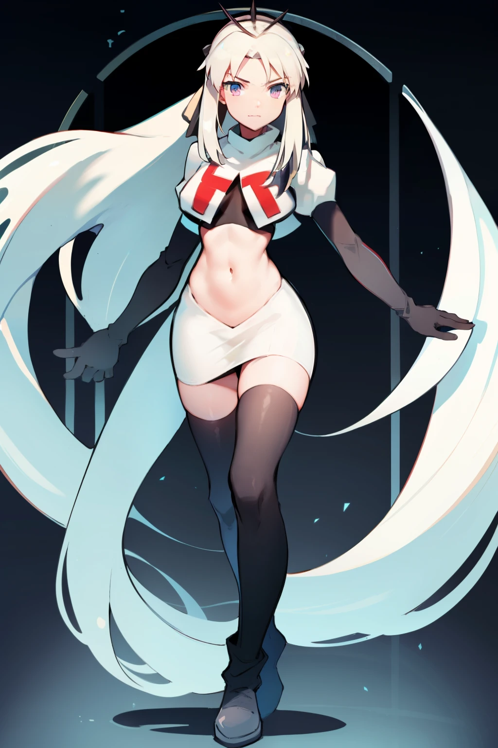 1 girl with long white hair, team rocket,team rocket uniform,white skirt,red letter R,crop top,black thigh-highs,black elbow gloves,