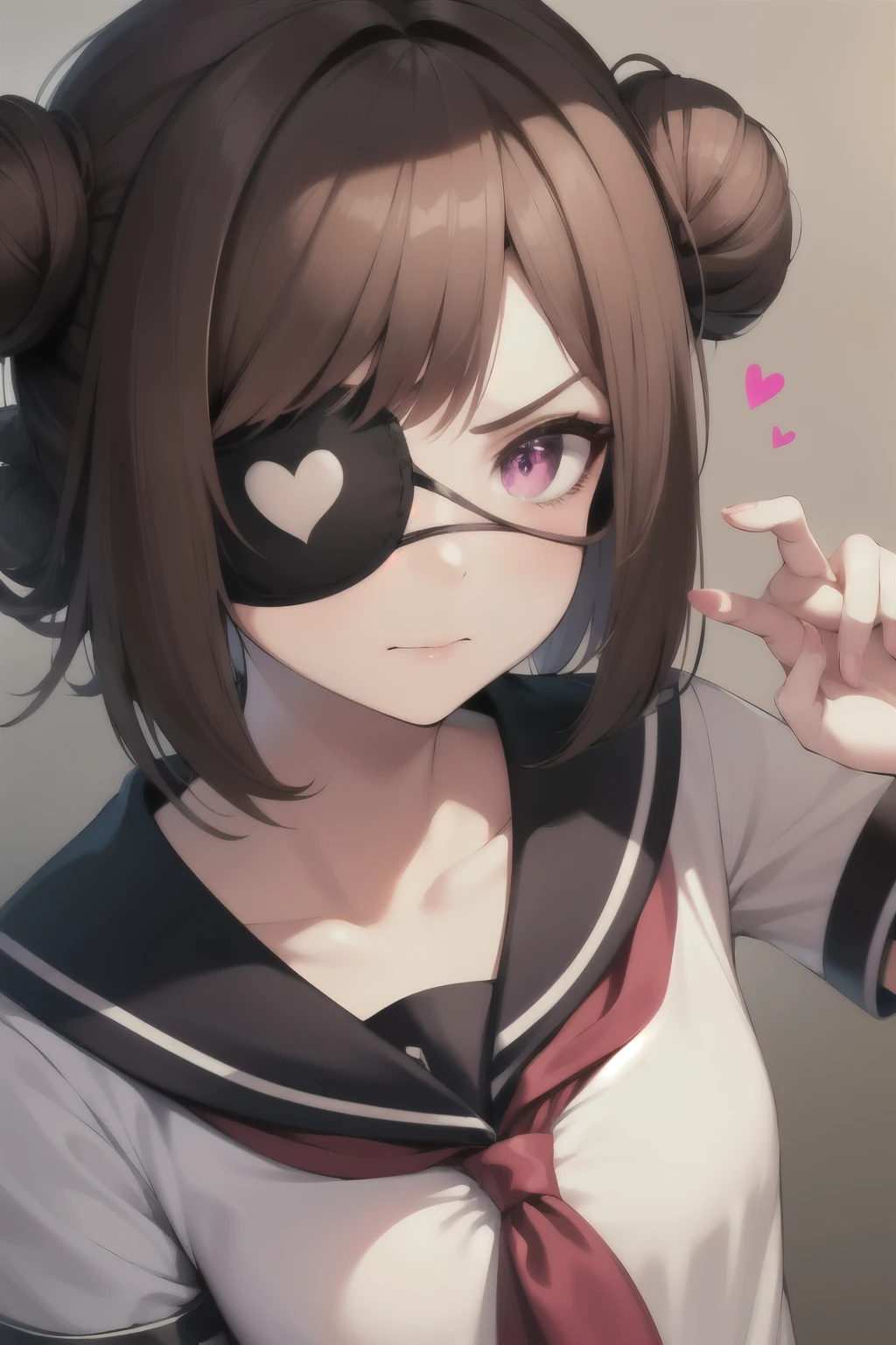 masterpiece, 1girl, best quality, expressive eyes, perfect face, brown hair, medium hair, double bun, (hair tied), asymetrical bangs, magenta eye, ((left eye patch)), heart patch, school uniform, small breasts, angry, little girl,