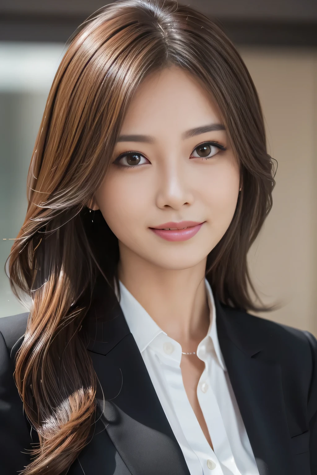 masutepiece, Best Quality, Photorealistic, Ultra-detailed, finely detail, High resolution, 8K Wallpaper, 1 beautiful woman,, light brown messy hair, in a business suit, foco nítido, Perfect dynamic composition, Beautiful detailed eyes, detailed hairs, Detailed realistic skin texture, Smiling, Close-up portrait, Model body type