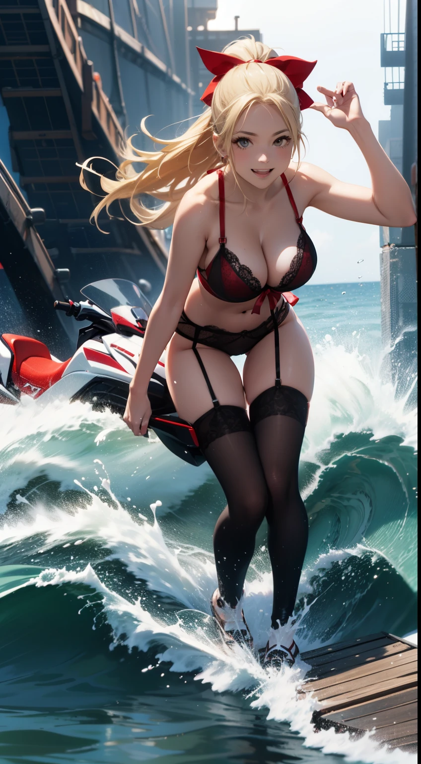 blonde hair long ponytail, busty, cleavage, red detailed lace lingerie, (full body Esbian)、off the coast、bow ribbon、Running on a watercraft、North Shore、detailed jet ski、Between the waves、High waves、Bewitching smile、Dynamism、jet ski pro、Professional riding、Fancy lighting、Cool、cyberpunked