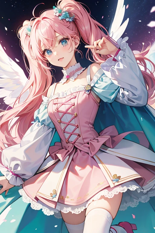 As Virgo Cure Cosmo, her pigtails become thinner and shorter while the rest of her hair is wore down and curls at the ends with a pale pink ombre. The top of her dress turns white with blue inside and the collar turns pink. Her gloves are now white while the trim around them and the top of her skirt turns light blue. She also gains a long pale pink skirt that almost reaches the floor now. On top is a shorter blue and white layer that is rounded and opens in the front, while another similar-shaped layer with rainbow pleats is underneath it. Her boots turn magenta, a pink flower appears near her left ear, her cape turns yellow, and she now has white angelic wings.