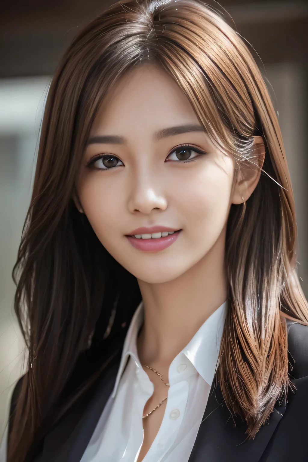 masutepiece, Best Quality, Photorealistic, Ultra-detailed, finely detail, High resolution, 8K Wallpaper, 1 beautiful woman,, light brown messy hair, in a business suit, foco nítido, Perfect dynamic composition, Beautiful detailed eyes, detailed hairs, Detailed realistic skin texture, Smiling, Close-up portrait, Model body type