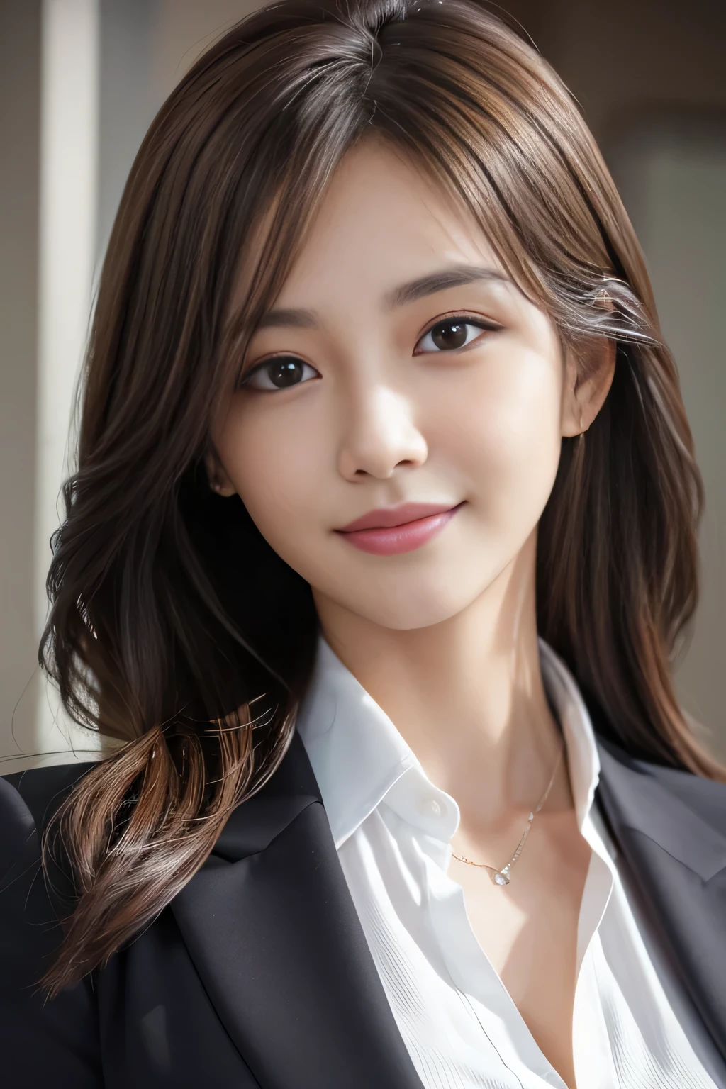 masutepiece, Best Quality, Photorealistic, Ultra-detailed, finely detail, High resolution, 8K Wallpaper, 1 beautiful woman,, light brown messy hair, in a business suit, foco nítido, Perfect dynamic composition, Beautiful detailed eyes, detailed hairs, Detailed realistic skin texture, Smiling, Close-up portrait, Model body type