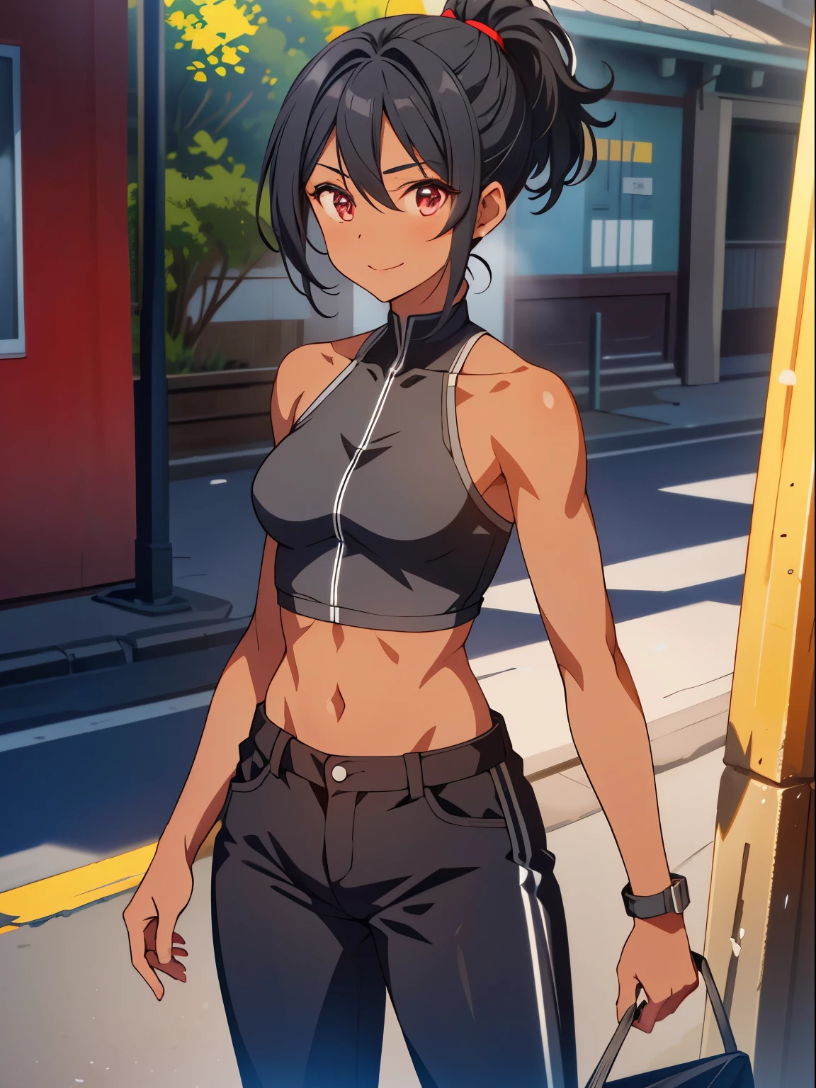 dreamy, (masterpiece), best quality, (16 year old appearance), 1girl, Black short hair, amazing, beautiful detailed eyes, red eyes, fine details, depth of field, extremely detailed CG, ((Black skin)), black shirt, black pants, small breasts, muscular girl, korra, dark skin, dark-skinned female, ponytail, hair tubes, short hair, bare shoulders, perfect anatomy, perfect hands, 1girl, solo,(high detailed skin:1.2), beautiful (skinny:0.8), (black skin:0.2), street background , smiling, Standing stop