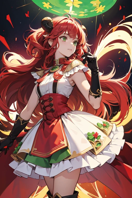 As Aries Cure Cosmo, her hair becomes puffy with a red ombre and decorated with green clovers. She also has gold ram horns on each side of her head. Her dress becomes red with a lighter shade in the middle. Her skirt opens a little in the front with a short red layer followed by her rainbow one and finally another red layer lined with light red fluff. Her gloves and boots are now white with red stars and triangles respectively.