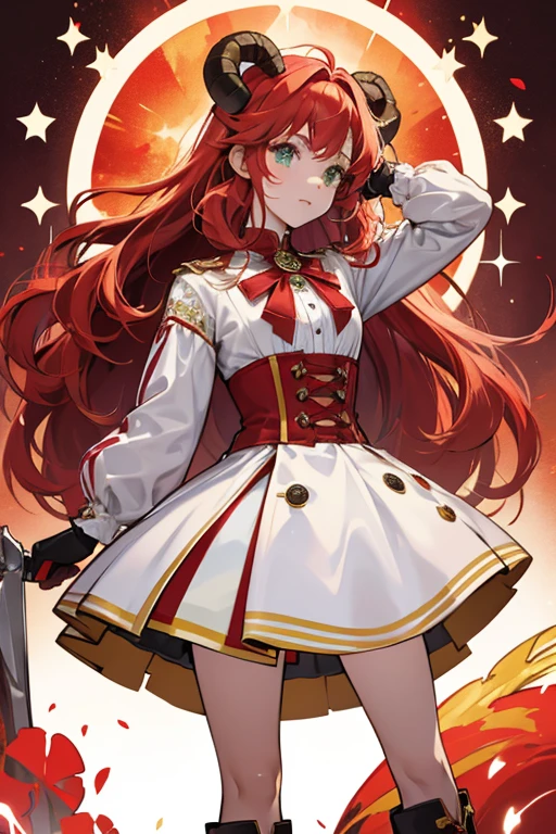 As Aries Cure Cosmo, her hair becomes puffy with a red ombre and decorated with green clovers. She also has gold ram horns on each side of her head. Her dress becomes red with a lighter shade in the middle. Her skirt opens a little in the front with a short red layer followed by her rainbow one and finally another red layer lined with light red fluff. Her gloves and boots are now white with red stars and triangles respectively.